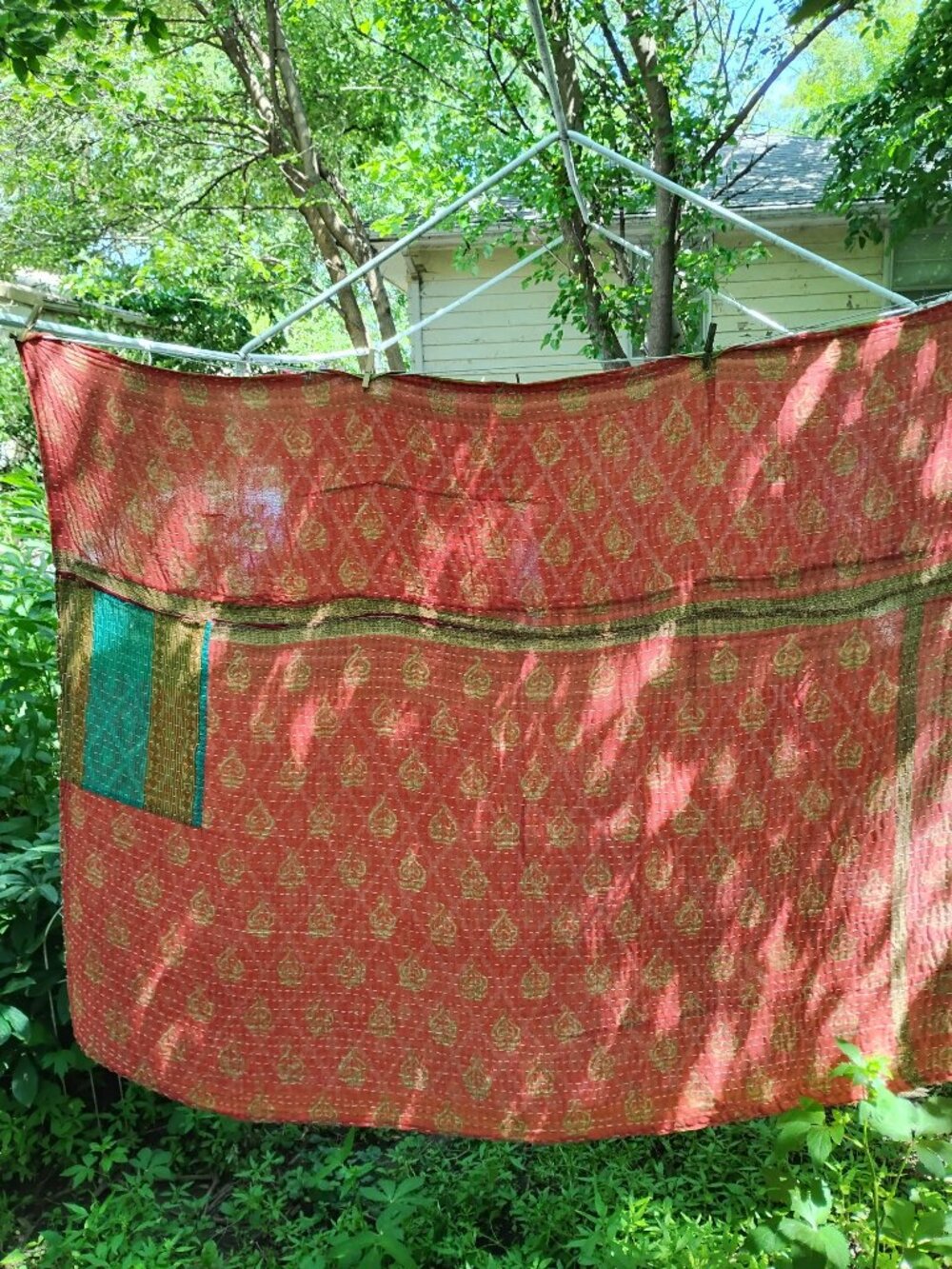 Kantha Quilt Tangerine Green 2 Layer Thin Cotton Handmade In India New K182.